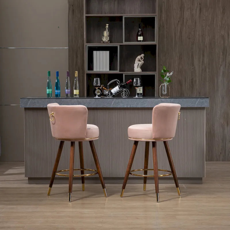 Tabouret de bar pivotant en velours rétro avec pieds en bois et repose-pieds doré