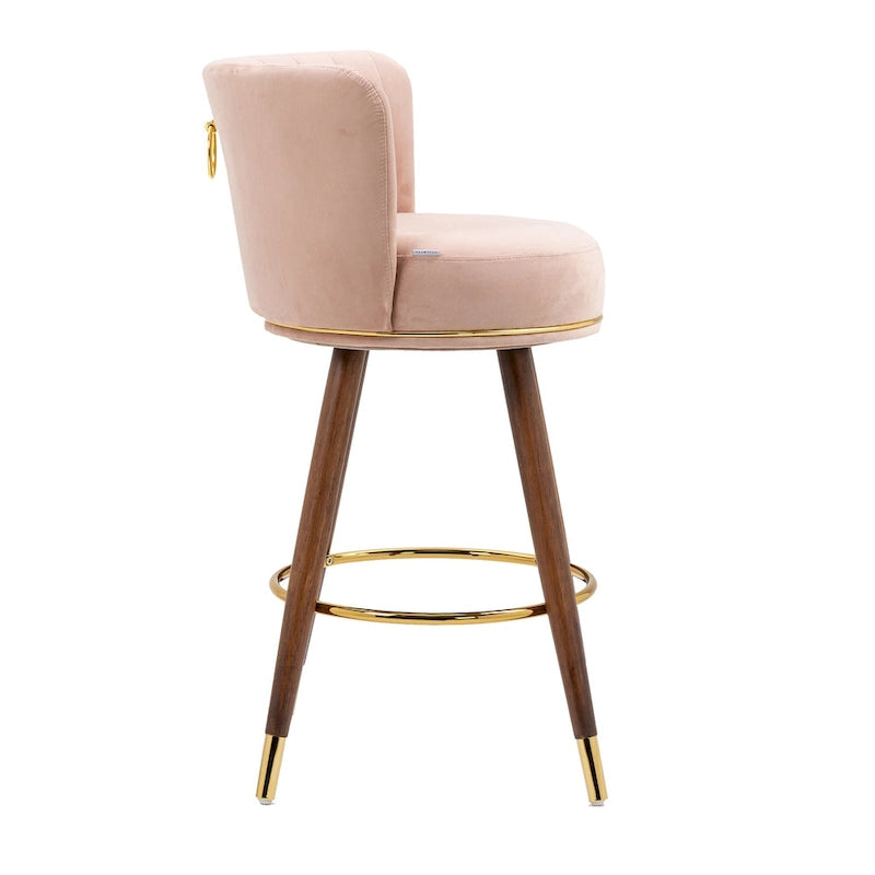 Tabouret de bar pivotant en velours rétro avec pieds en bois et repose-pieds doré