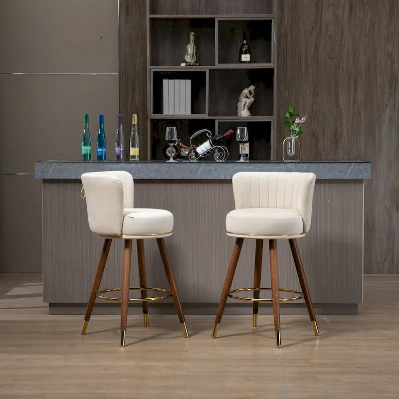 Tabouret de bar pivotant en velours rétro avec pieds en bois et repose-pieds doré