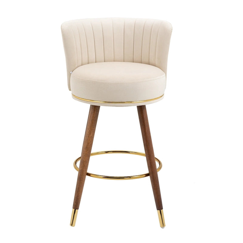 Tabouret de bar pivotant en velours rétro avec pieds en bois et repose-pieds doré