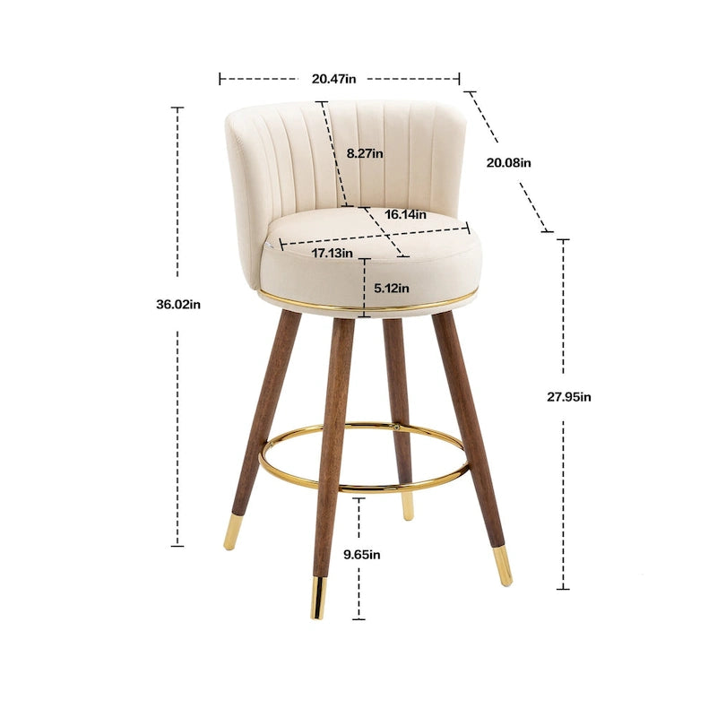 Tabouret de bar pivotant en velours rétro avec pieds en bois et repose-pieds doré