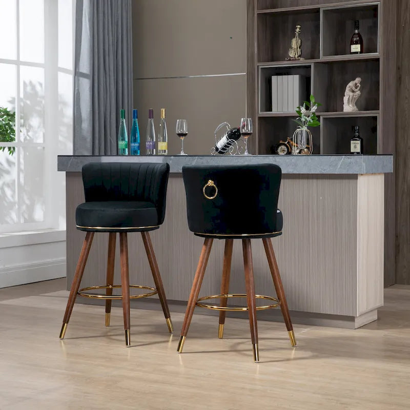 Tabouret de bar pivotant en velours rétro avec pieds en bois et repose-pieds doré