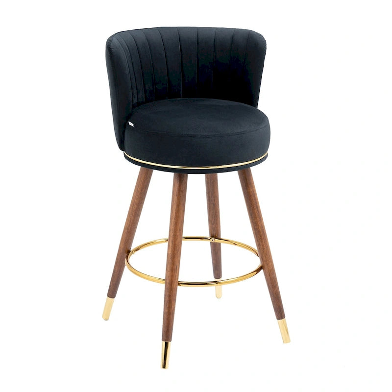Tabouret de bar pivotant en velours rétro avec pieds en bois et repose-pieds doré
