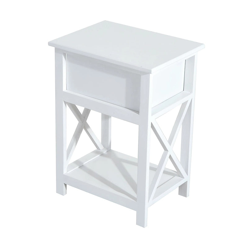 Table d'appoint blanche en X avec tiroir et étagère inférieure ouverte