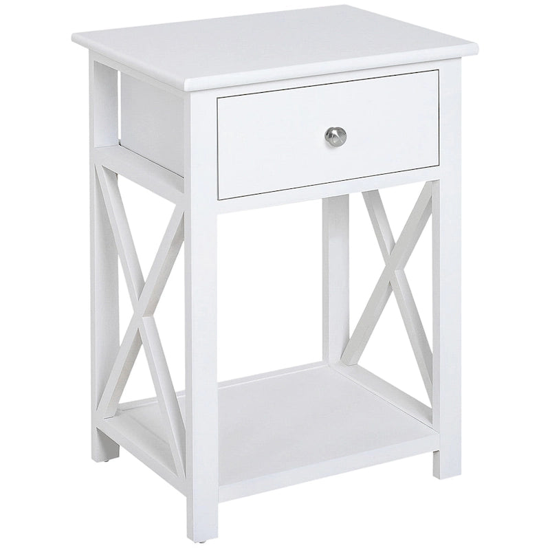 Table d'appoint blanche en X avec tiroir et étagère inférieure ouverte