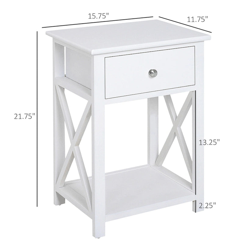 Table d'appoint blanche en X avec tiroir et étagère inférieure ouverte