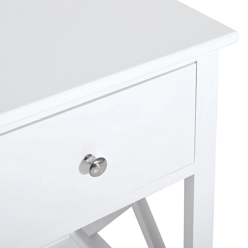 Table d'appoint blanche en X avec tiroir et étagère inférieure ouverte