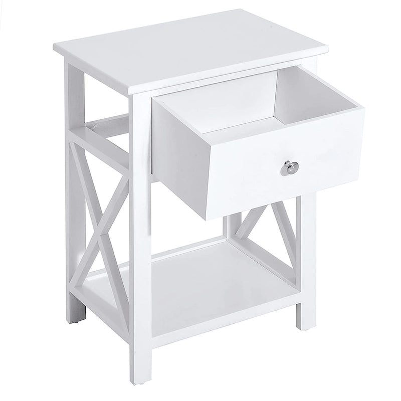 Table d'appoint blanche en X avec tiroir et étagère inférieure ouverte