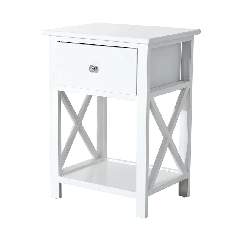 Table d'appoint blanche en X avec tiroir et étagère inférieure ouverte