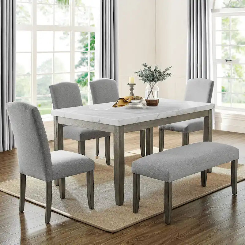 Banc de salle à manger capitonné en tissu tweed gris vieilli avec assise en mousse à mémoire de forme, bois massif