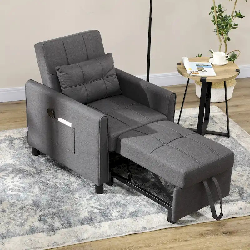 Fauteuil convertible en lin gris avec dossier réglable et poches latérales