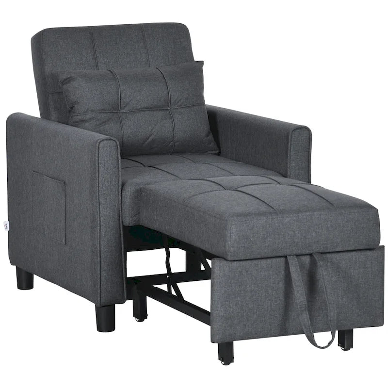 Fauteuil convertible en lin gris avec dossier réglable et poches latérales