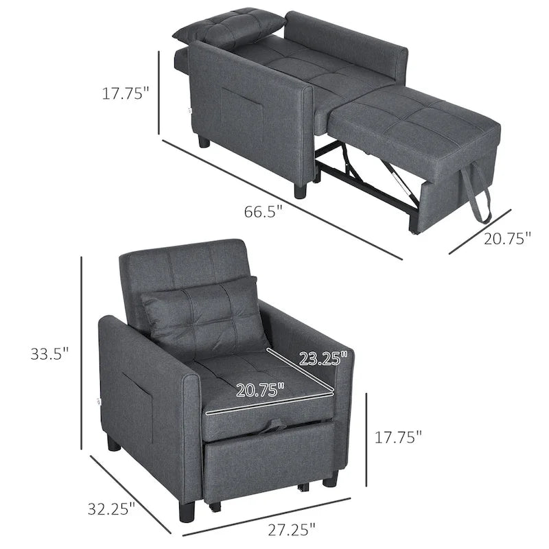 Fauteuil convertible en lin gris avec dossier réglable et poches latérales