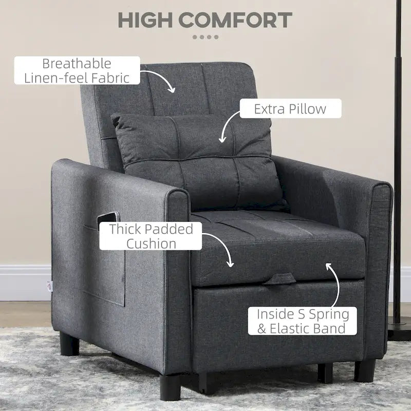 Fauteuil convertible en lin gris avec dossier réglable et poches latérales