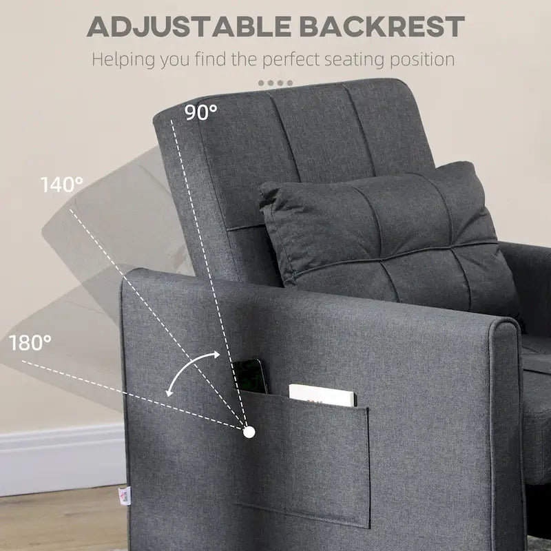 Fauteuil convertible en lin gris avec dossier réglable et poches latérales
