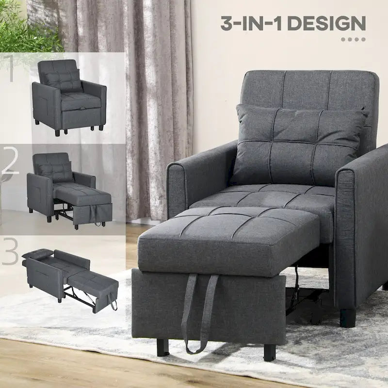Fauteuil convertible en lin gris avec dossier réglable et poches latérales