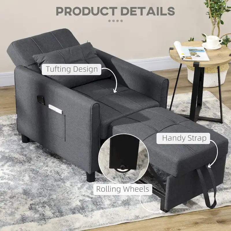 Fauteuil convertible en lin gris avec dossier réglable et poches latérales