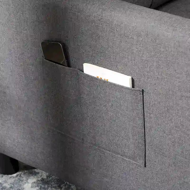 Fauteuil convertible en lin gris avec dossier réglable et poches latérales
