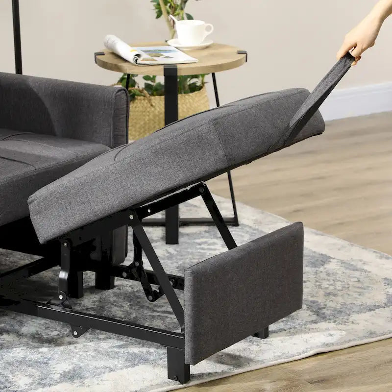 Fauteuil convertible en lin gris avec dossier réglable et poches latérales