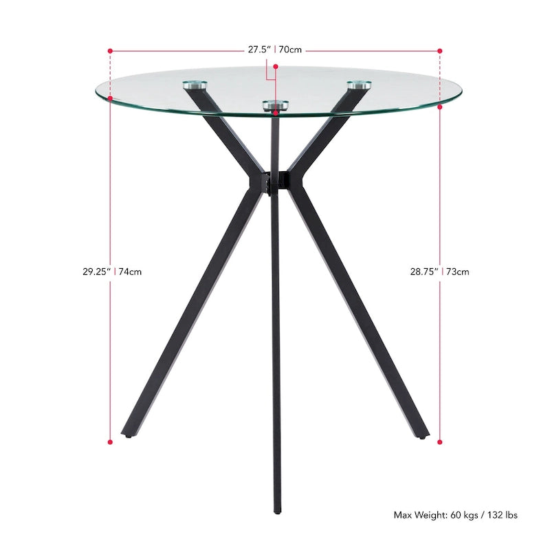 Table de bistrot ronde à plateau en verre et pieds tripodes en métal noir