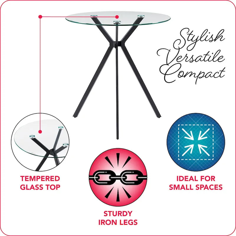 Table de bistrot ronde à plateau en verre et pieds tripodes en métal noir