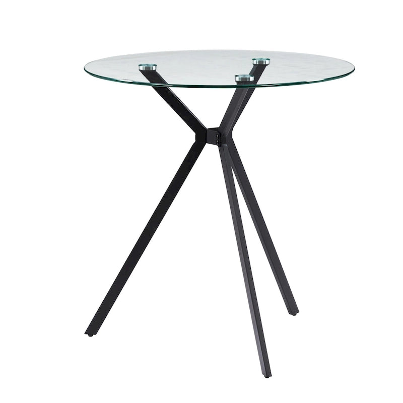 Table de bistrot ronde à plateau en verre et pieds tripodes en métal noir