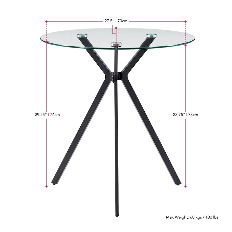 Table de bistrot ronde à plateau en verre et pieds tripodes en métal noir