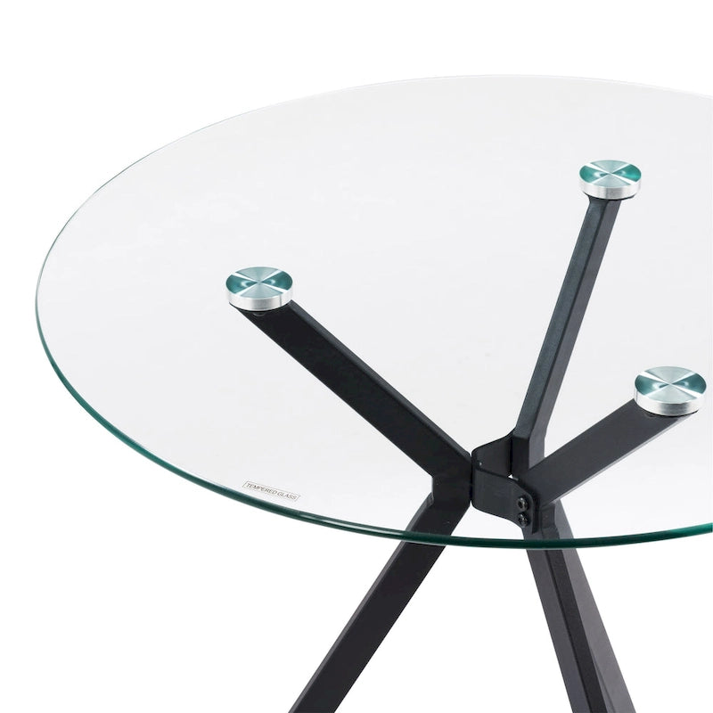 Table de bistrot ronde à plateau en verre et pieds tripodes en métal noir