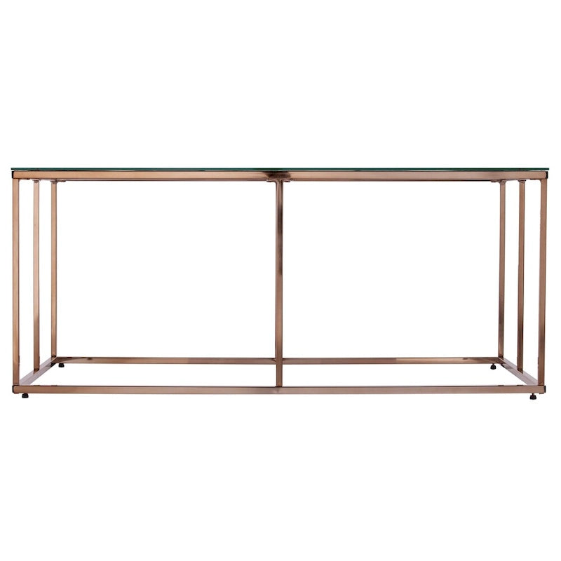 Table basse rectangulaire dorée en verre avec structure métallique ouverte