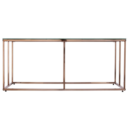 Table basse rectangulaire dorée en verre avec structure métallique ouverte