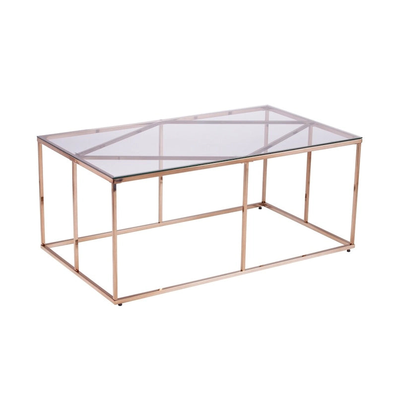 Table basse rectangulaire dorée en verre avec structure métallique ouverte