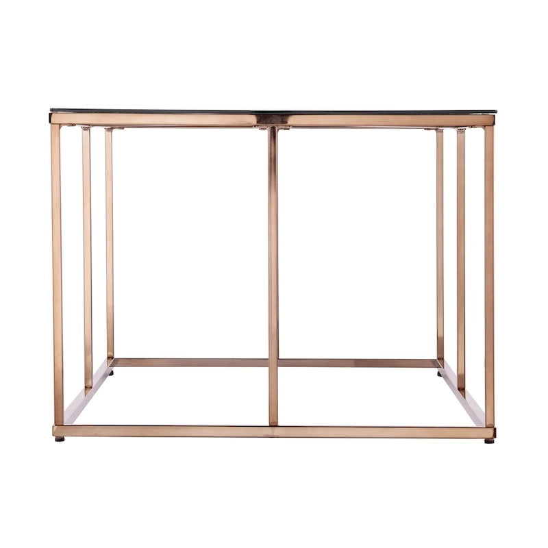 Table basse rectangulaire dorée en verre avec structure métallique ouverte
