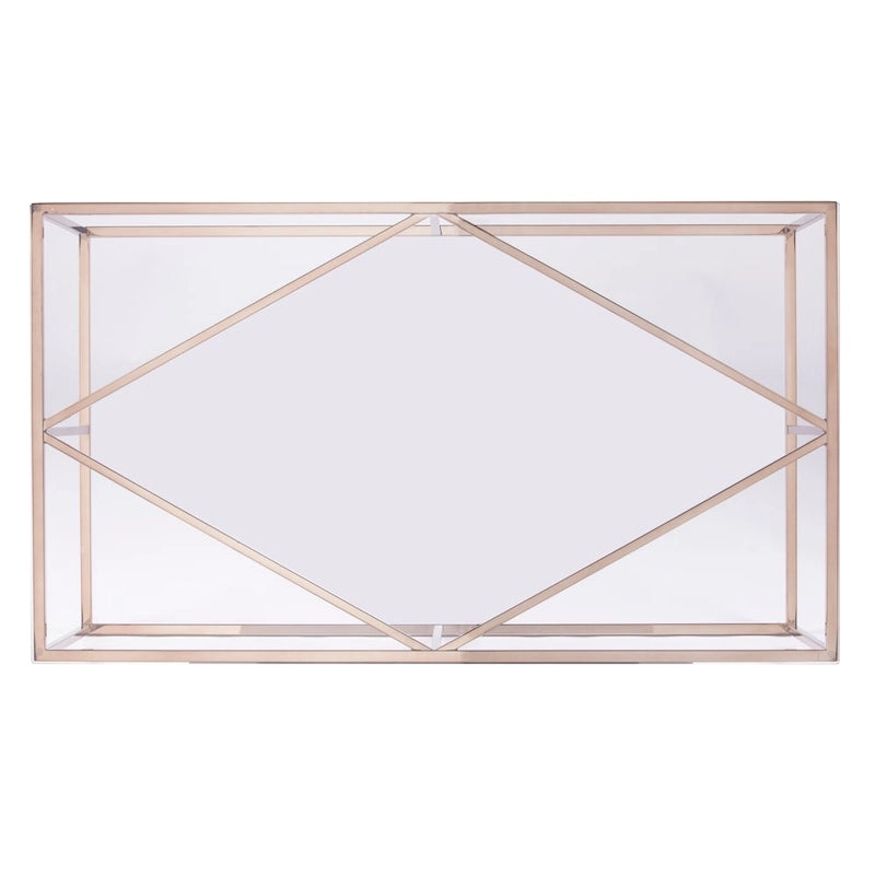 Table basse rectangulaire dorée en verre avec structure métallique ouverte
