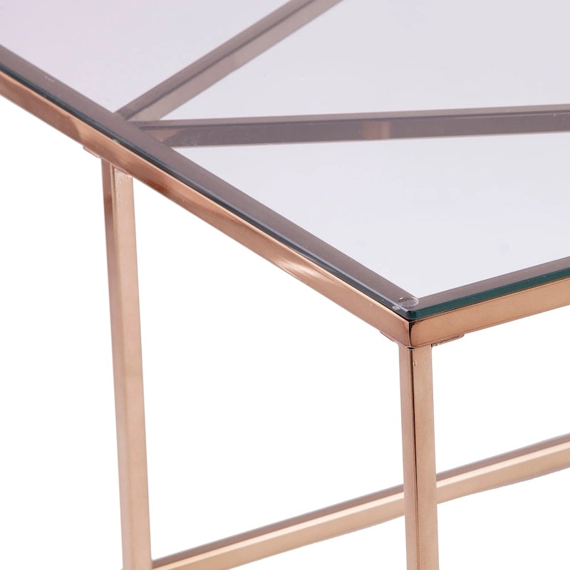 Table basse rectangulaire dorée en verre avec structure métallique ouverte