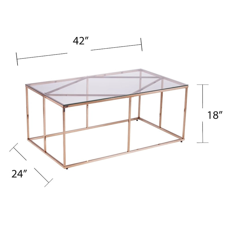 Table basse rectangulaire dorée en verre avec structure métallique ouverte