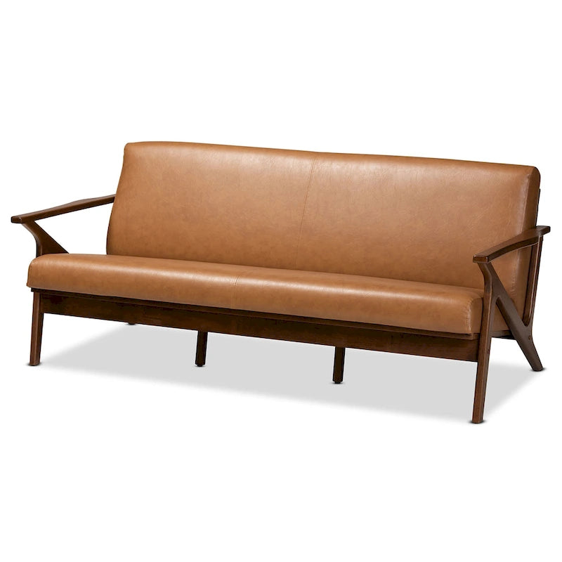 Canapé Mid-Century Modern en Faux Cuir Marron Clair avec Cadre en Bois de Noyer