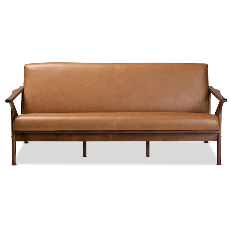 Canapé Mid-Century Modern en Faux Cuir Marron Clair avec Cadre en Bois de Noyer