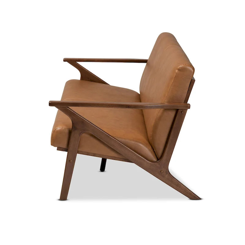 Canapé Mid-Century Modern en Faux Cuir Marron Clair avec Cadre en Bois de Noyer