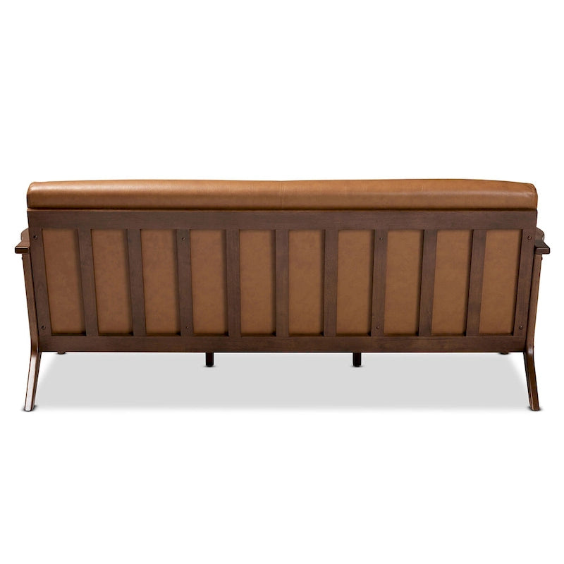 Canapé Mid-Century Modern en Faux Cuir Marron Clair avec Cadre en Bois de Noyer