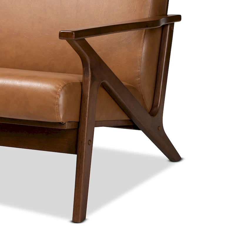 Canapé Mid-Century Modern en Faux Cuir Marron Clair avec Cadre en Bois de Noyer
