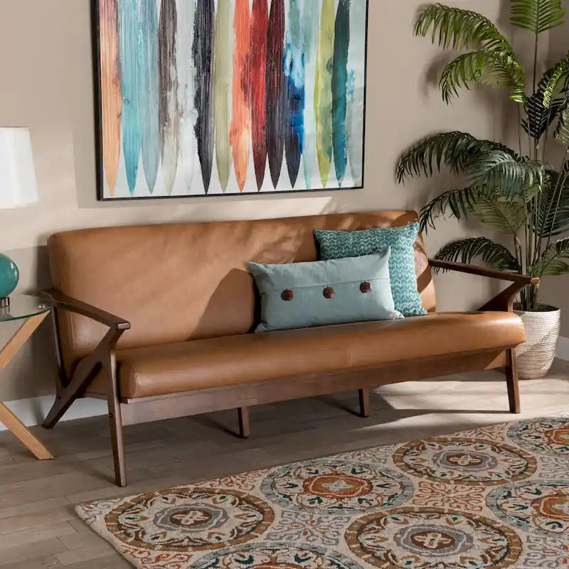 Canapé Mid-Century Modern en Faux Cuir Marron Clair avec Cadre en Bois de Noyer