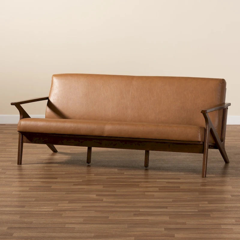 Canapé Mid-Century Modern en Faux Cuir Marron Clair avec Cadre en Bois de Noyer