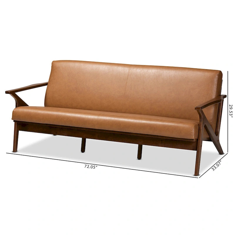 Canapé Mid-Century Modern en Faux Cuir Marron Clair avec Cadre en Bois de Noyer