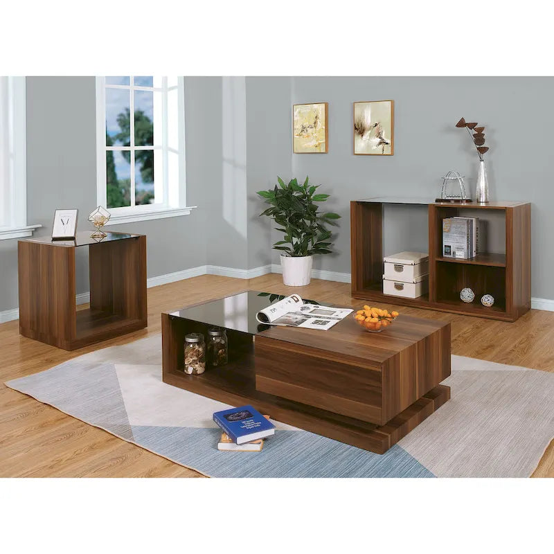 Table d'appoint en noyer foncé avec plateau en verre trempé noir et étagère ouverte