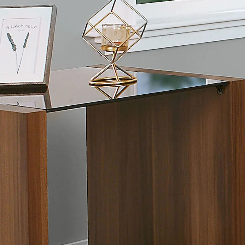Table d'appoint en noyer foncé avec plateau en verre trempé noir et étagère ouverte