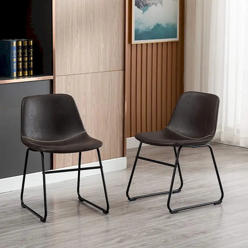 Chaise de salle à manger moderne en similicuir avec dossier incurvé et piètement luge en métal marron foncé