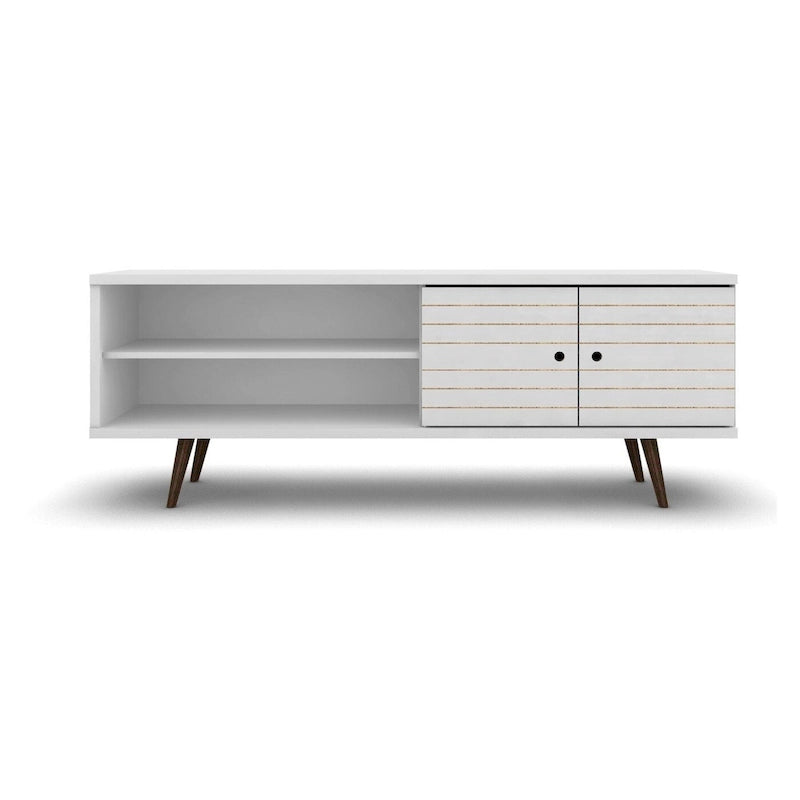 Meuble TV/console média en bois blanc, style Mid-Century Modern, avec pieds obliques