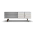 Meuble TV/console média en bois blanc, style Mid-Century Modern, avec pieds obliques