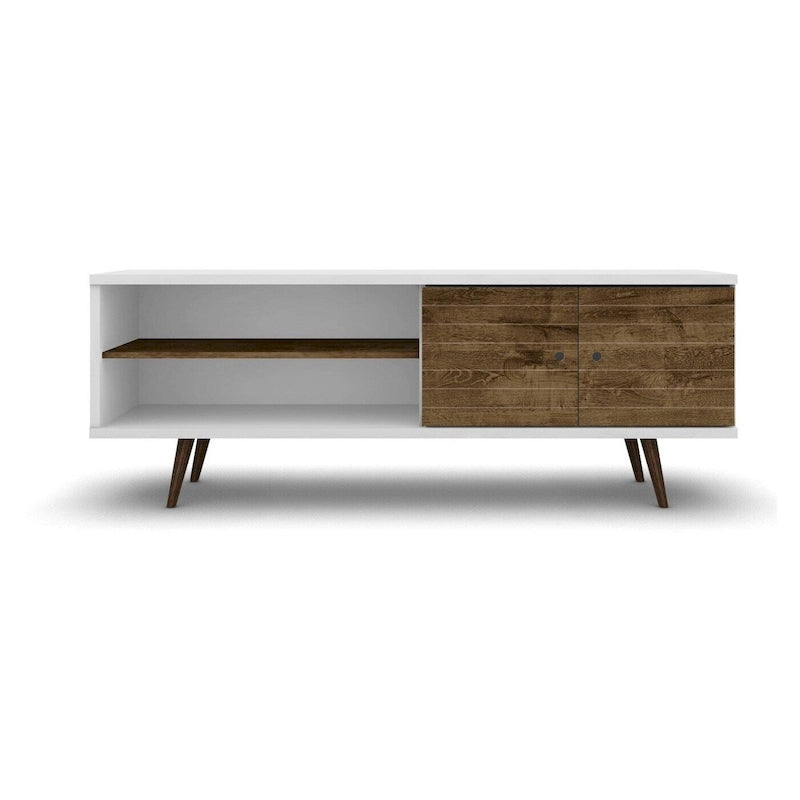 Meuble TV/console média en bois blanc, style Mid-Century Modern, avec pieds obliques