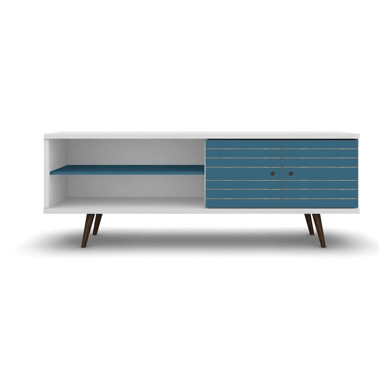Meuble TV/console média en bois blanc, style Mid-Century Modern, avec pieds obliques